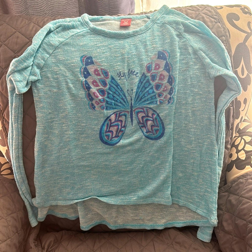 Girls Arizona Jeans teal sweater with butterfly design size XL/16